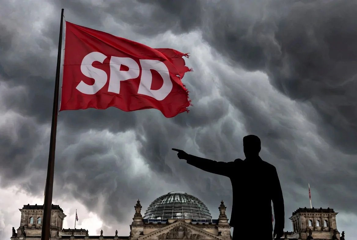 SPD-Fahne vor dunklen Sturmwolken