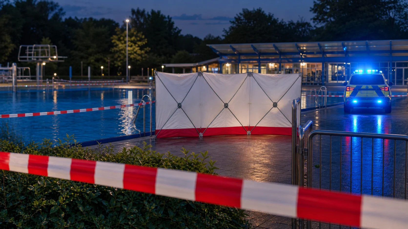 Symbolbild: Sichtschutz und Polizeiabsperrung an einem Freibad