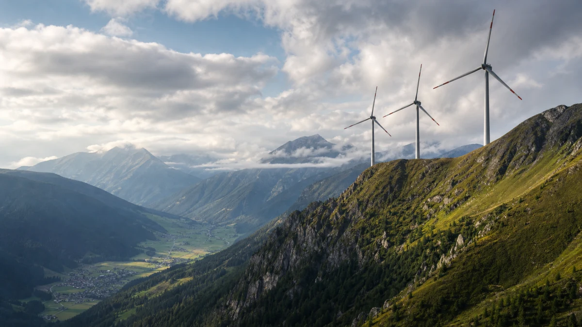Symbolbild: Windkraftanlagen auf einem Bergrücken über einem alpinen Tal
