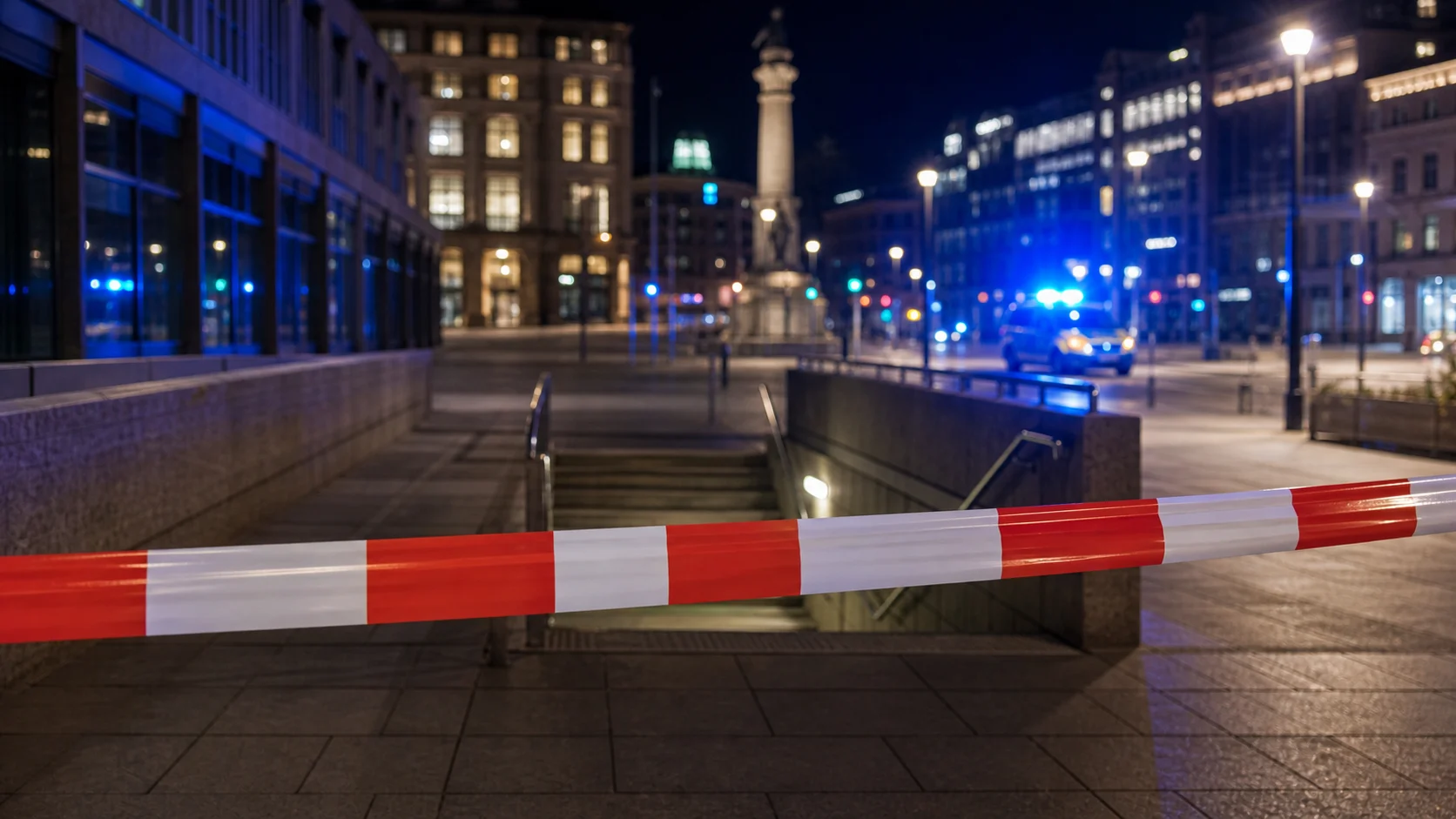 Symbolbild: Polizeiabsperrung in nächtlicher Innenstadt mit Blaulicht