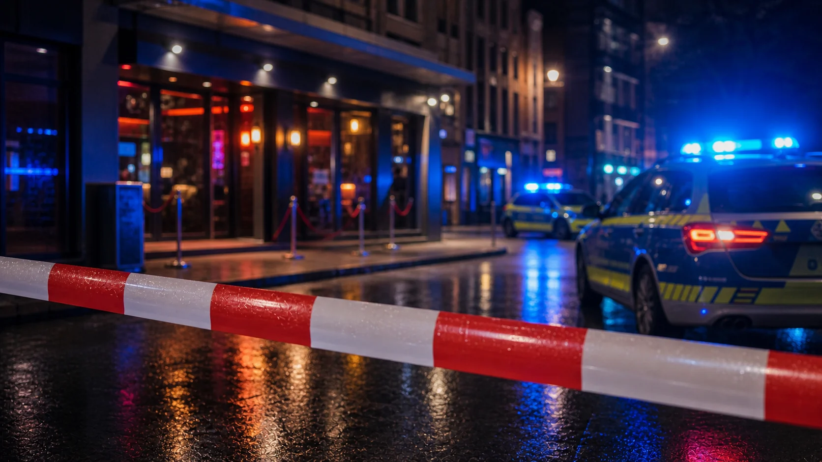 Symbolbild: Polizeiabsperrung in nächtlicher Innenstadt mit Blaulicht