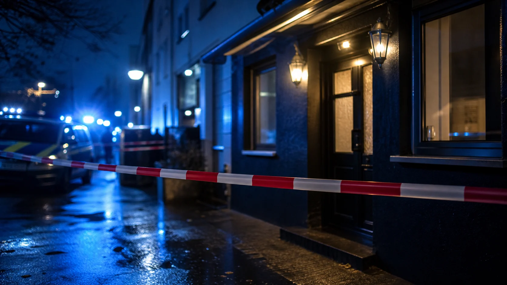 Symbolbild: Polizeiabsperrung vor Gaststätte bei Nacht