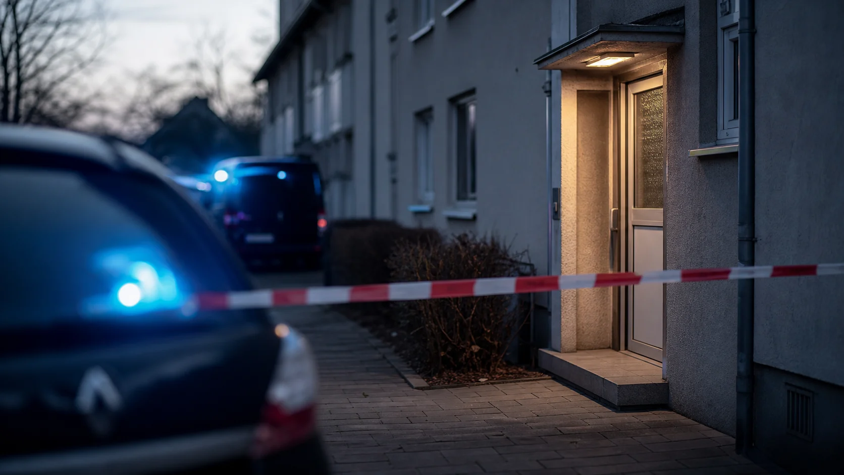 Symbolbild: Polizeiabsperrung vor Wohnhaus mit Blaulicht