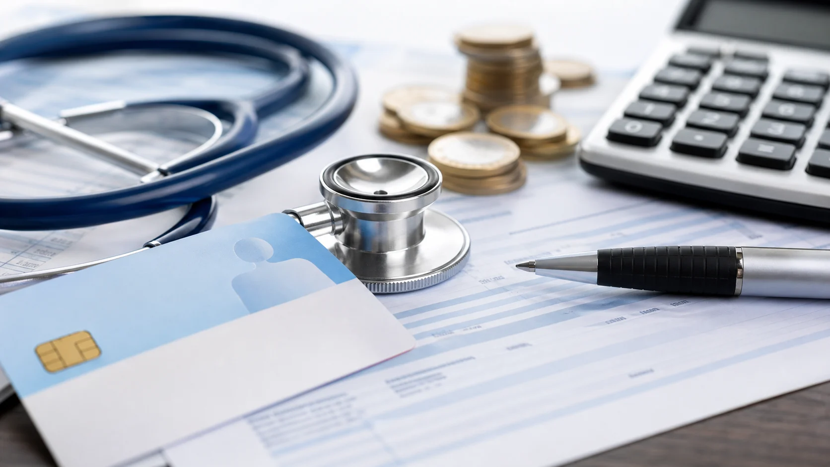 Symbolbild: Gesundheitskosten mit Karte, Stethoskop und Münzen