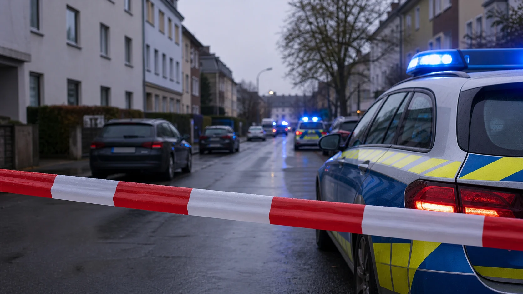 Symbolbild: Polizeiabsperrung in einer Wohnstraße mit Blaulicht