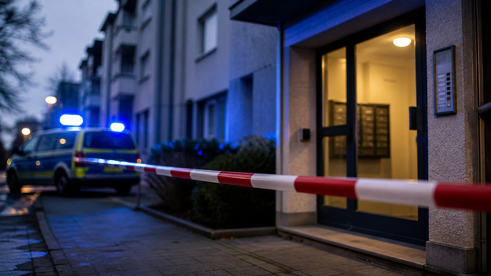 Symbolbild: Polizeiabsperrung vor Wohnhaus mit Blaulicht
